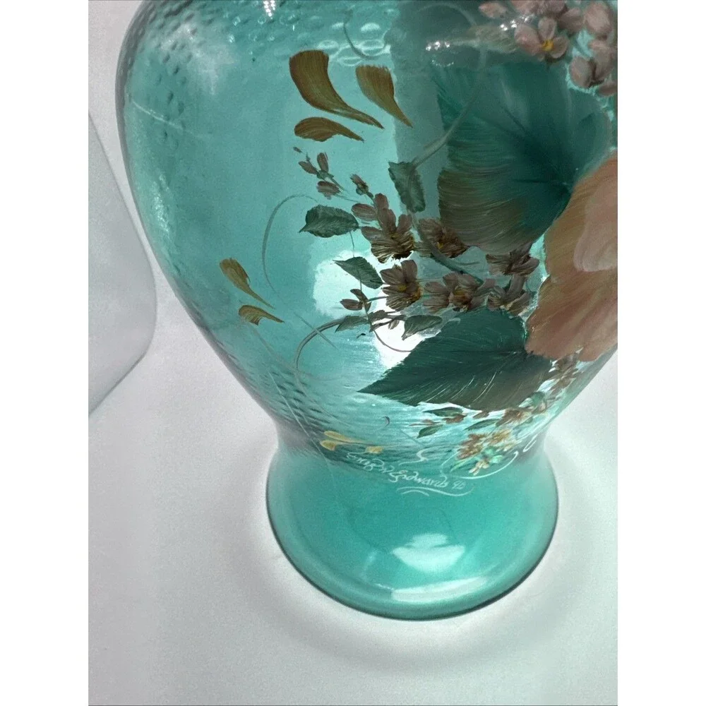 Vintage Hand Painted  Pink Floral On Teal Vase Signed Edwards 9x6.5” Cottagecore